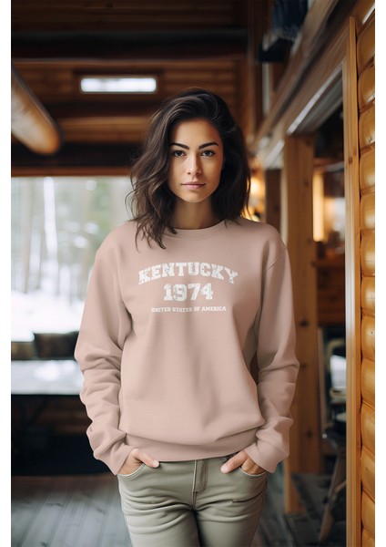 Premium Kentucky 1974 Baskılı Tarz Kadın Bisiklet Yaka Sweatshirt