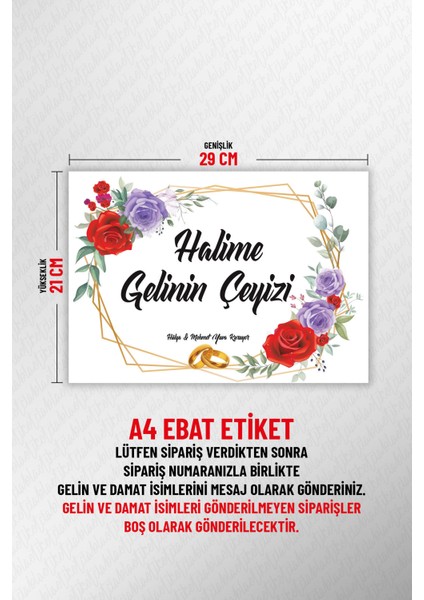 Isimli Çeyiz Etiketi - Kendinden Yapışkanlı - A4 Ebat (29 x 21 Cm) - Model 003 - 20 Adet