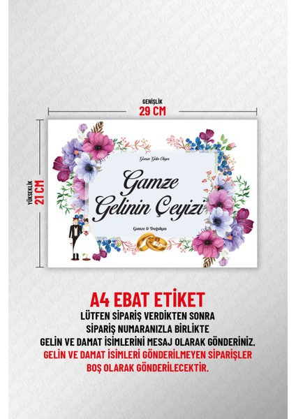 Isimli Çeyiz Etiketi - Kendinden Yapışkanlı - A4 Ebat (29 x 21 Cm) - Model 010 - 20 Adet