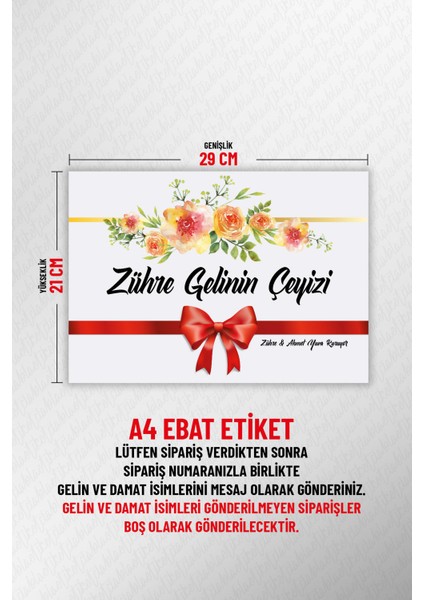 Isimli Çeyiz Etiketi - Kendinden Yapışkanlı - A4 Ebat (29 x 21 Cm) - Model 001 - 10 Adet