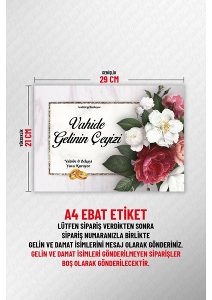 Isimli Çeyiz Etiketi - Kendinden Yapışkanlı - A4 Ebat (29 x 21 Cm) - Model 002 - 10 Adet
