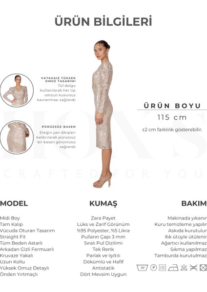 Payetli Kruvaze Yakalı Uzun Kollu Midi Abiye Elbise Bej modelleri