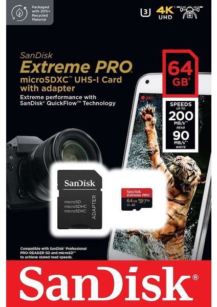 SDSQXCU-064G-GN6MA - Sandisk Extreme Pro 64GB 20090MBS Microsdxc Uhs-I A2 V30 Hafıza Kartı