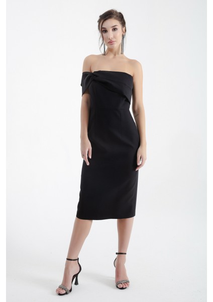 Kadın Siyah Çift Bandajlı Tek Omuz Midi Abiye Elbise