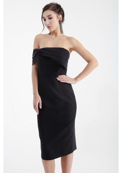 Kadın Siyah Çift Bandajlı Tek Omuz Midi Abiye Elbise fiyatları