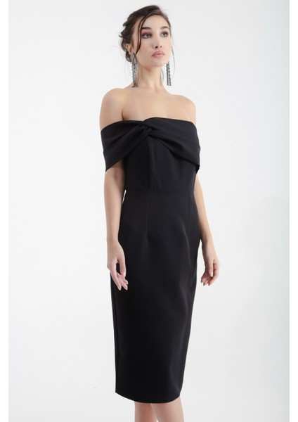 Kadın Siyah Çift Bandajlı Tek Omuz Midi Abiye Elbise modelleri