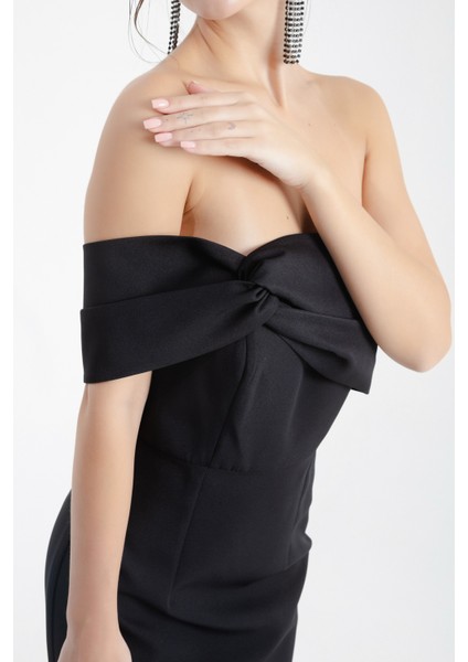 Kadın Siyah Çift Bandajlı Tek Omuz Midi Abiye Elbise fırsatları