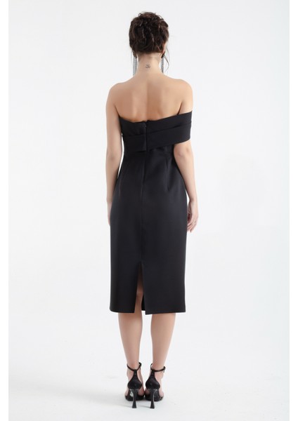 Kadın Siyah Çift Bandajlı Tek Omuz Midi Abiye Elbise indirimleri