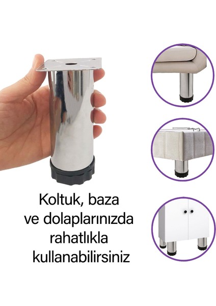 4 Adet Metal Ayarlanabilir 12 cm Krom Destek Ayağı Mobilya Kanepe Baza Koltuk Dolap Sehpa Tv Ünitesi Ayağı