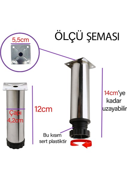 4 Adet Metal Ayarlanabilir 12 cm Krom Destek Ayağı Mobilya Kanepe Baza Koltuk Dolap Sehpa Tv Ünitesi Ayağı