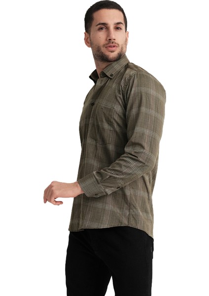 Erkek Haki Uzun Kollu Pamuklu Gömlek Klasik Kesim Cepli