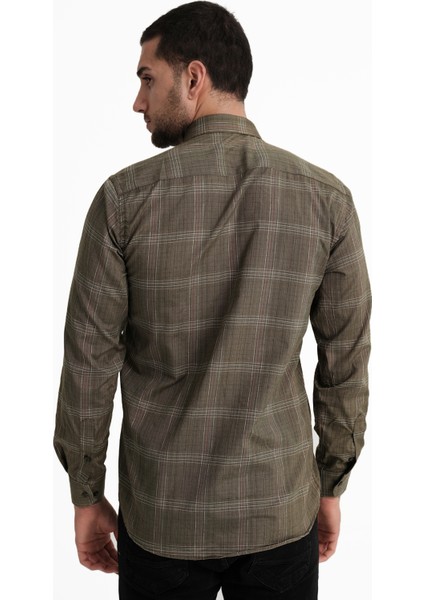 Erkek Haki Uzun Kollu Pamuklu Gömlek Klasik Kesim Cepli modelleri