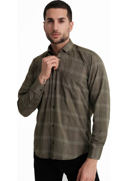 Erkek Haki Uzun Kollu Pamuklu Gömlek Klasik Kesim Cepli fırsatları