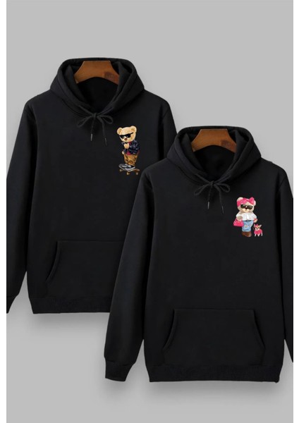 Unisex Tedy Tasarımlı Sevgili Kapüşonlu Sweatshirt 2'Li