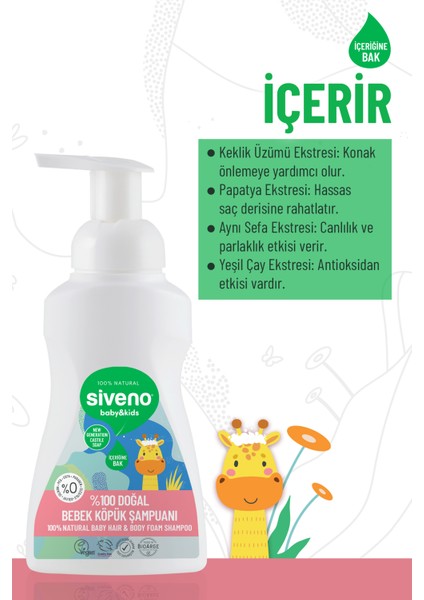 %100 Doğal Bebek Köpük Şampuanı Yenidoğan Saç ve Vücut İçin Nemlendirici Bitkisel Vegan 250 ml X 2 Adet