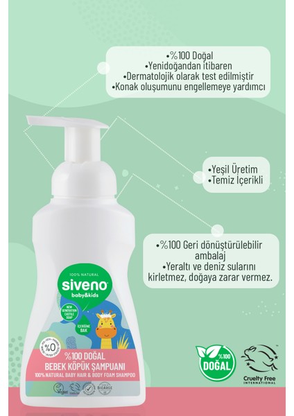 %100 Doğal Bebek Köpük Şampuanı Yenidoğan Saç ve Vücut İçin Nemlendirici Bitkisel Vegan 250 ml X 2 Adet