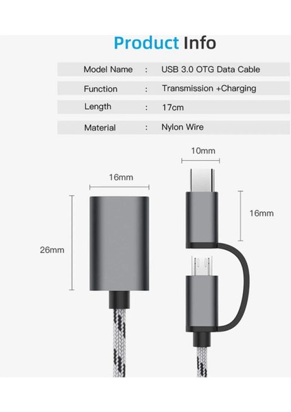 USB 3.0 Otg To Type-C Micro USB Data Şarj Çevirici Dönüştürücü Adaptör