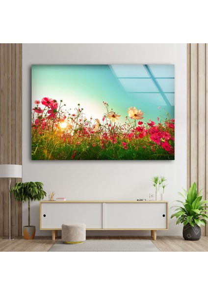 Kır Çiçekleri Temperli Cam Duvar Tablosu