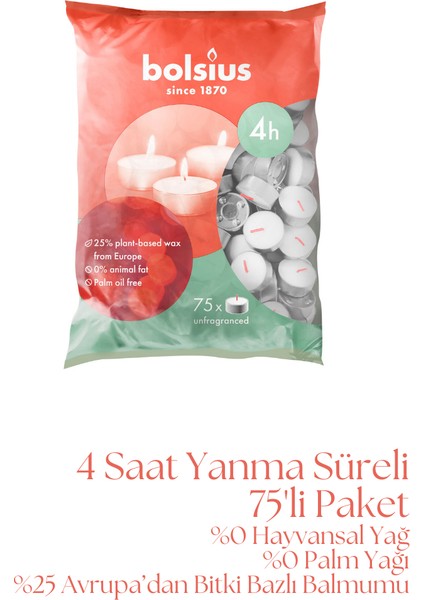 4 Saat Yan Ma Süreli, 75'li Paket, Dumansız, Yumuşak Ateşli Tealight Mum