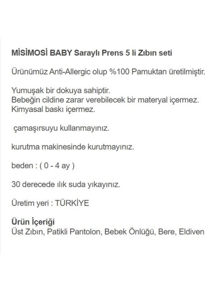 Saraylı Prens 5 Li Zıbın Seti