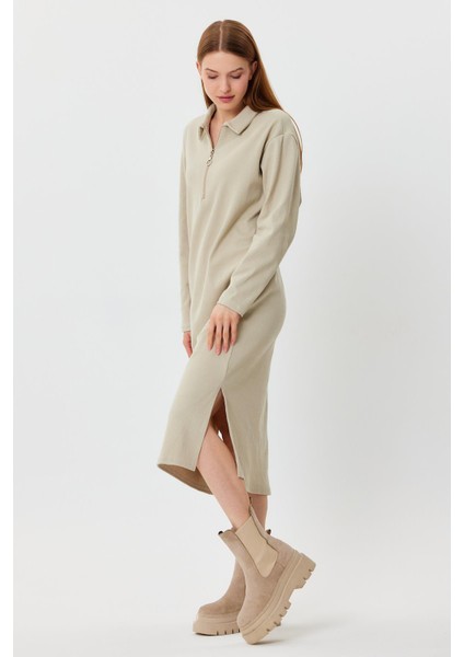 Polo Yaka Fermuarlı Tunik Elbise (B23-00179)