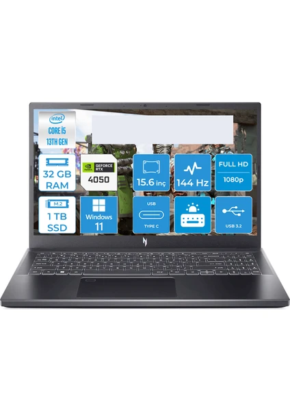 Nitro V15 144HZ WİN11 PRO 6 GB RTX-4050 İ5-13420H 13.NESİL 32 GB DDR5 RAM 1 TB M.2 SSD 15.6"FHD ANV15-51-50SY NH.QNBEY.003