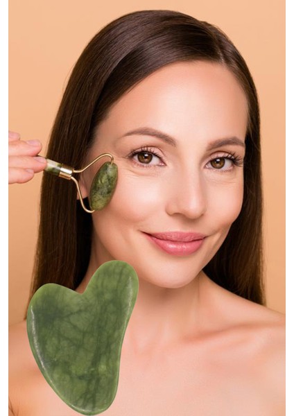 Yeşim Face Jade Roller ve Yeşim Kalp Gua Sha Masaj Taşı Yüz Masaj Seti