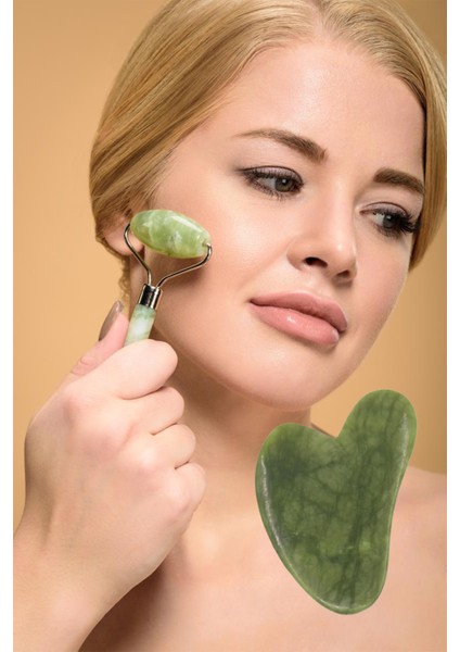 Yeşim Face Jade Roller ve Yeşim Kalp Gua Sha Masaj Taşı Yüz Masaj Seti