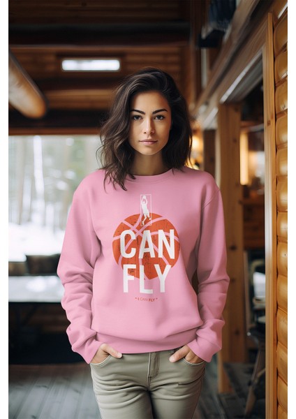 Premium Can Fly Basketball Tarz Baskılı Kadın Bisiklet Yaka Sweatshirt