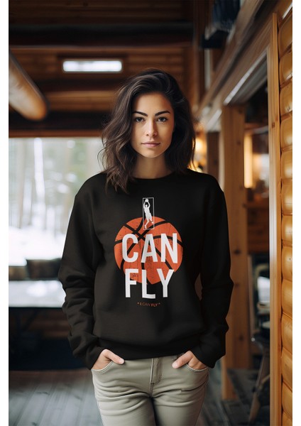 Premium Can Fly Basketball Tarz Baskılı Kadın Bisiklet Yaka Sweatshirt