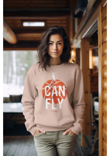 Premium Can Fly Basketball Tarz Baskılı Kadın Bisiklet Yaka Sweatshirt