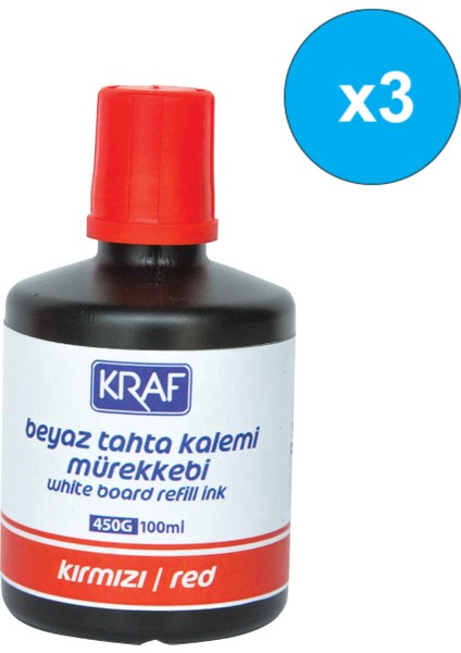 3 Adet Kraf Beyaz Yazı Tahtası Mürekkebi 100ML Kırmızı