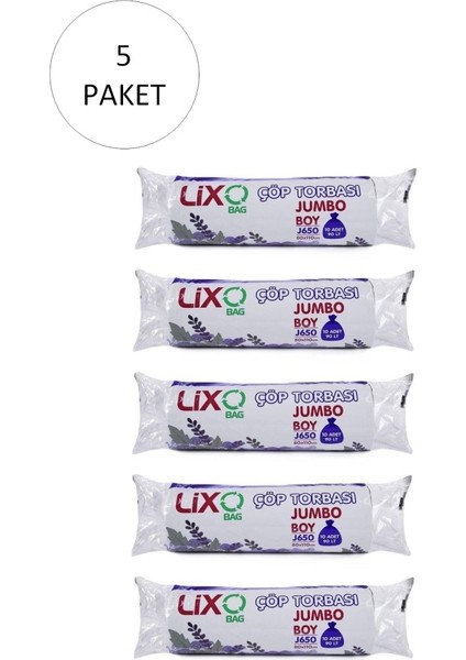 J-650 Jumbo Boy Çöp Torbası 80 x 110 cm 10'lu Rulo x 5 Paket = 50 Adet (Siyah)