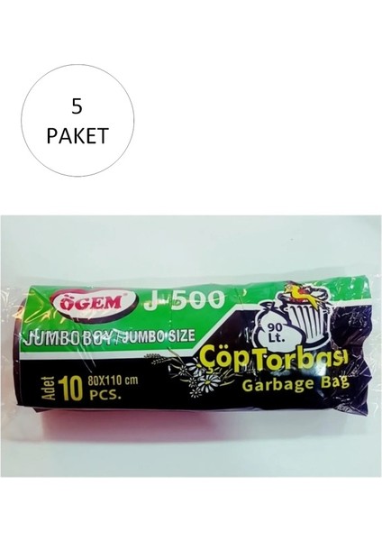 J-500 Jumbo Boy Çöp Torbası 80 x 110 cm 10'lu Rulo x 5 Paket = 50 Adet (Siyah)