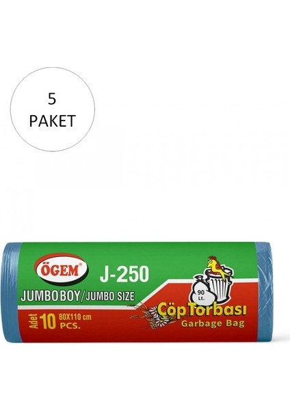 J-250 Jumbo Boy Çöp Torbası 80 x 110 cm 10'lu Rulo x 5 Paket = 50 Adet (Mavi)