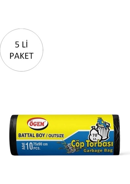 Battal Boy Çöp Torbası 75 x 90 cm 10'lu Rulo x 5 Paket = 50 Adet (Siyah)