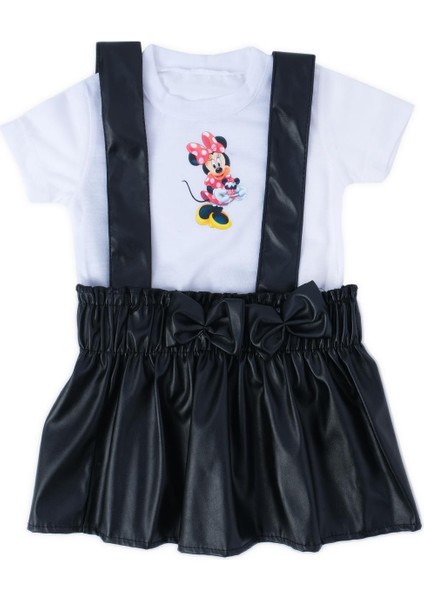 Kız Çocuk Bebek Mickey Mouse Deri Salopetli Etek 2'li Takım
