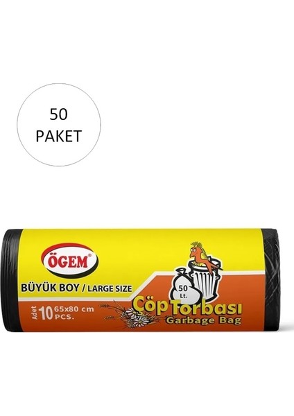 Büyük Boy Çöp Torbası 65 x 80 cm 10'lu Rulo x 50 Paket = 500 Adet (Siyah)