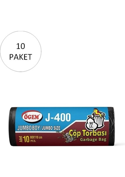 J-400 Jumbo Boy Çöp Torbası 80 x 110 cm 10'lu Rulo x 10 Paket = 100 Adet (Siyah)