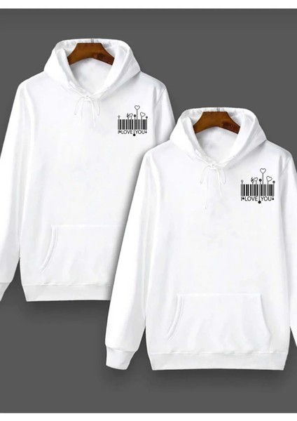 Unisex Love Barkod Tasarımlı Sevgili Kapüşonlu Sweatshirt 2'Li