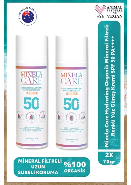 Minela Care Hydrating Organik Mineral Filtreli Renkli Yüksek Korumalı Yüz Güneş Kremi SPF50 2X70GR 