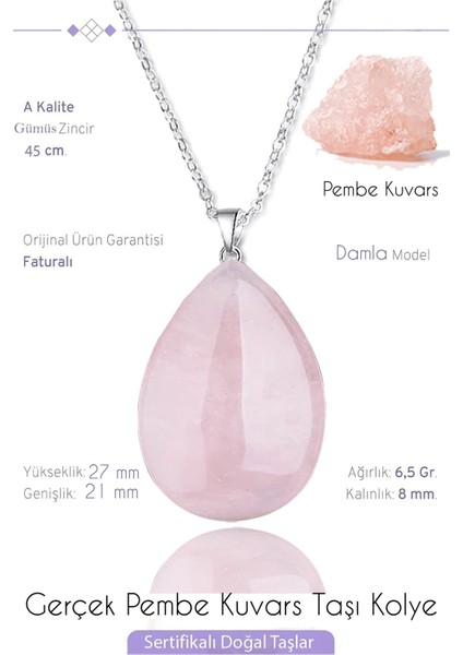 Damla Model Pembe Kuvars Taşı Kolye - Açık Renk