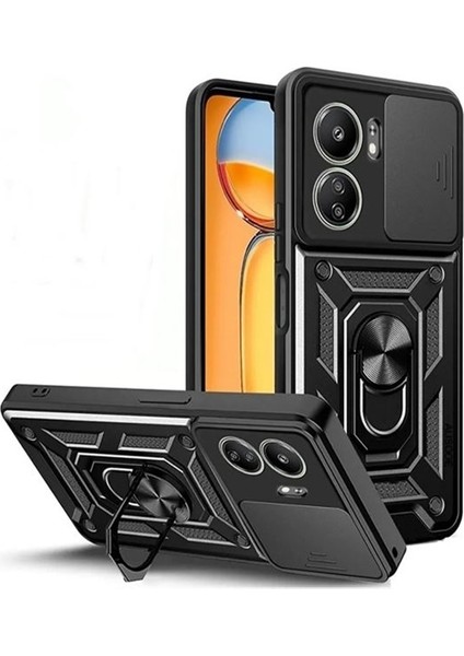 Xiaomi Poco C65 Kılıf Sert Silikon Tank Aramid Sürgülü Vega Yüzüklü Siyah