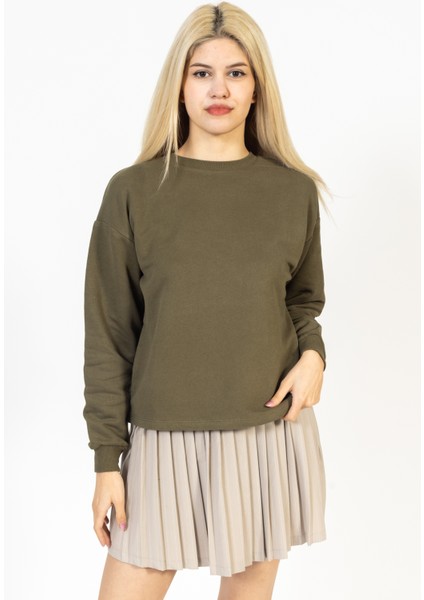 Bisiklet Yaka 2 Iplik Haki Sweatshirt, Basic Kazak, Ince Düz Kazak modelleri