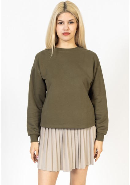 Bisiklet Yaka 2 Iplik Haki Sweatshirt, Basic Kazak, Ince Düz Kazak fırsatları
