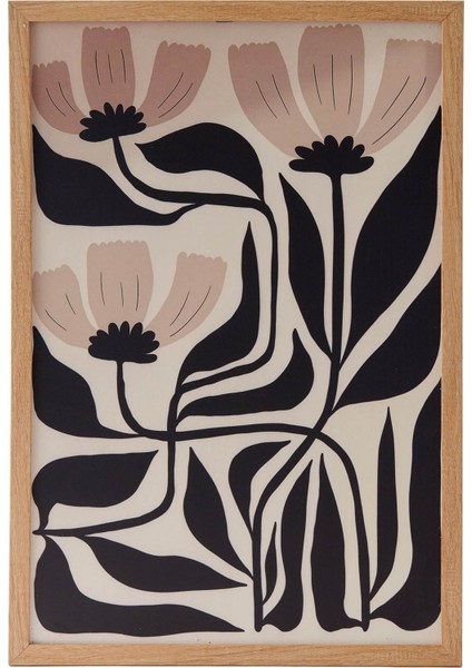 Black And Cream Flowers Ahşap Çerçeveli Tablo - Siyah - 40X60 cm