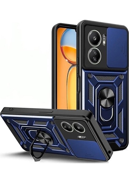 Xiaomi Poco C65 Kılıf Sert Silikon Tank Aramid Sürgülü Vega Yüzüklü Lacivert