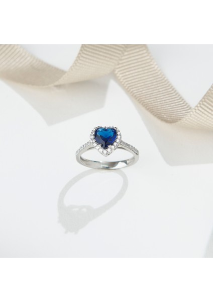 925 Ayar Radyum Kaplama Kalpli Safir Taşlı Gümüş Yüzük
