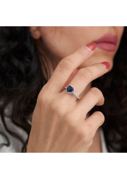 925 Ayar Radyum Kaplama Kalpli Safir Taşlı Gümüş Yüzük fiyatları