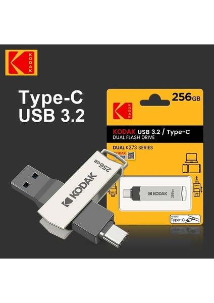K273 256Gb.Type-C ve USB 3.2 Type-C Girişli Tüm Cihazlara İphone15/16 Serisine Uygun ve İphone Dönüştürücü Hediye Yüksek Hızlı Usb Otg Flash Bellek Çift Giriş Metal Sağlam Orjinal